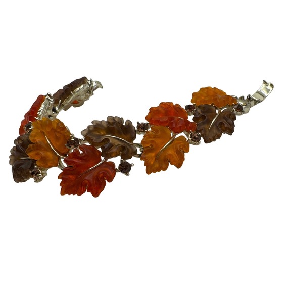 Lisner Leaf Autumn 7" Bracelet Orange Red Brown Rhinestone Fall Jewelry vintage - Picture 3 of 8